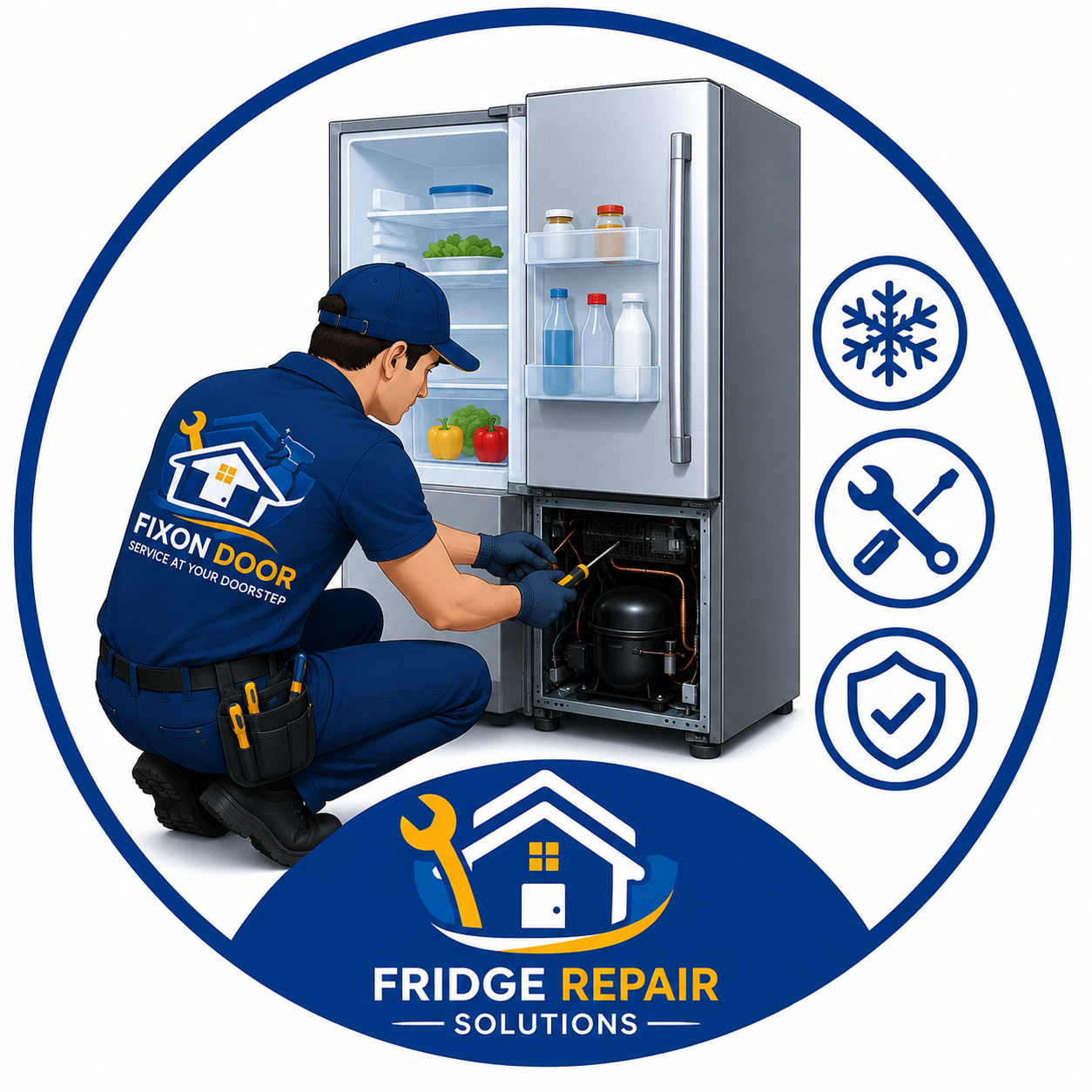 FixOn Door technician repairing a refrigerator with cooling, repair, and protection service icons in a modern circular design.